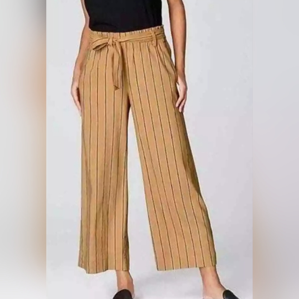 J.Jill Dark Yellow Stripe Emelie Linen Stretch Wide Leg Cropped Pant